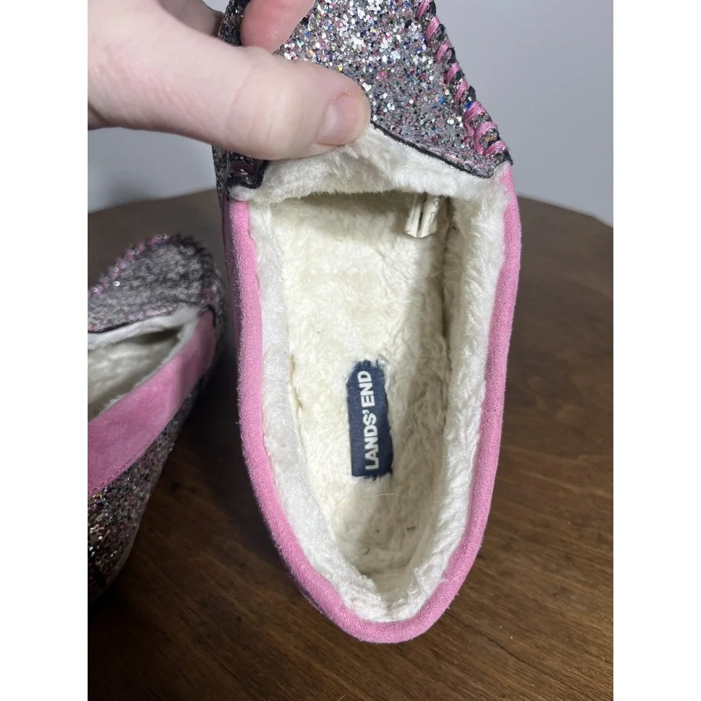 Lands End Kids Youth‎ Pattern Moccasin Slippers Multi Glitter Pink Sparkle Sz 3